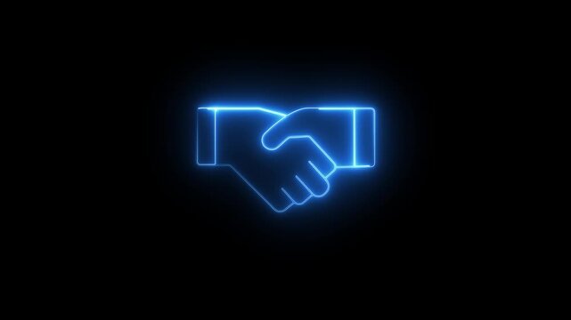 A neon sign of two hands shaking. The sign is blue . of the sign is that it represents a handshake, which is a symbol or partnership.4k video animation Abstract glowing neon icon of two hands