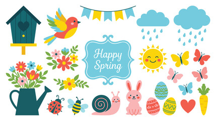 Colorful spring season elements with cute animals and garden flowers © NAZMA