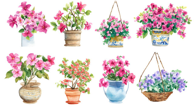 Watercolor botanical collection of pink flowering potted plants and hanging baskets on transparent background