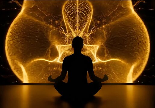 Human silhouette in lotus pose with golden energy fractal pattern background