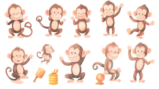 Cute watercolor cartoon monkeys in various playful poses on transparent background