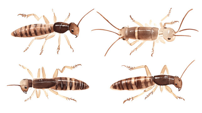 Four brown cockroaches shown from different angles on white background, detailed studio insect photos