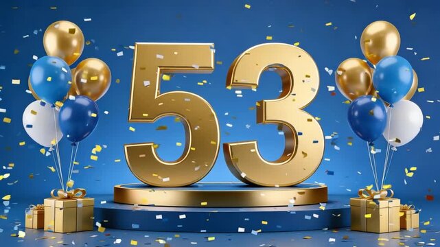 Shiny Golden Number 53 on Luxury Podium with Falling Confetti on Blue Background 3D Render Loop. Ideal for Anniversaries, Birthdays, and Countdown Celebrations.