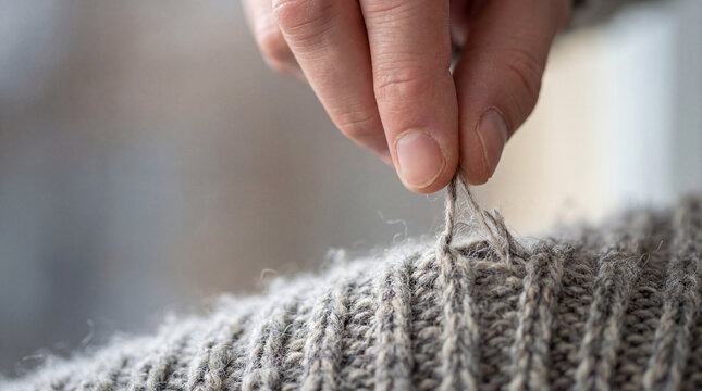 Hands picking at frayed sweater thread during moment of anxiety