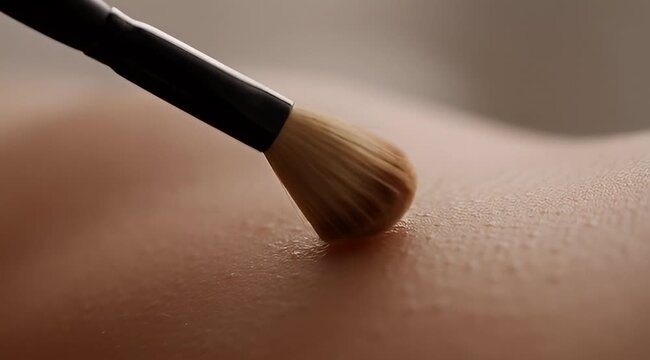 Closeup image showing a makeup brush applying product to human skin