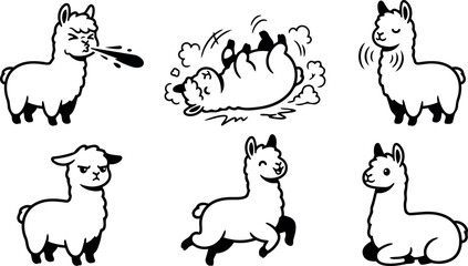 Fototapeta premium Line art cartoon set of six playful alpaca poses showing spitting, rolling, prancing, sitting relaxed expressions in black and white