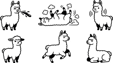 Fototapeta premium Line art playful alpaca sticker set showing six expressive poses spitting rolling prancing sitting lying grumpy profile cute