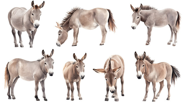 A group of light-brown donkeys in various poses on white background, isolated cutouts, natural lighting, high detail