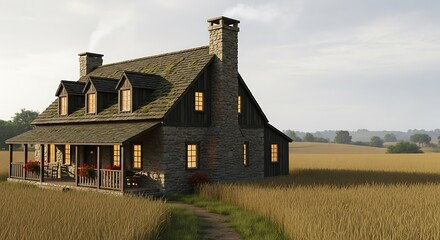 Obraz premium Large house in rural field landscape.