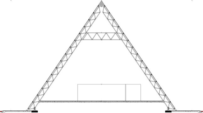 Technical architectural drawing of triangular truss structure showing roof framework, structural beams and supports, engineering blueprint in black and white line art style.