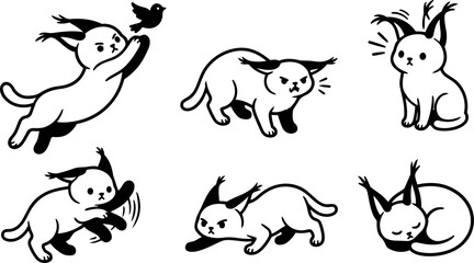 Obraz premium Line art kitten pose sheet with six black and white cat vectors pouncing, stalking, scratching, sitting, sleeping, leaping, yawning alert