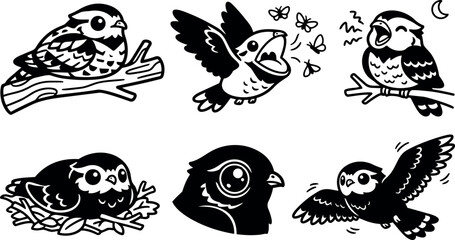 Obraz premium Tattoo flash six bird poses including perched singing nest close up flying resting with moon butterflies in bold black line art