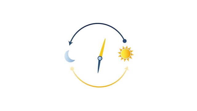 Minimal circular animation of the sun and moon rotating in a continuous cycle representing circadian rhythm, day and night transition, natural biological clock, and daily time cycle