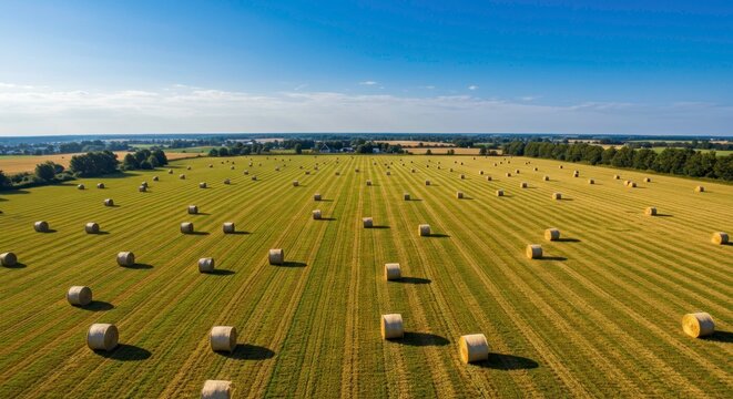 A lush green field filled with numerous hay bales under a clear blue sky