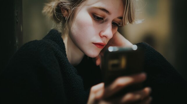 A young woman looking at her phone. She seems to be lost in thought, perhaps texting or browsing social media.