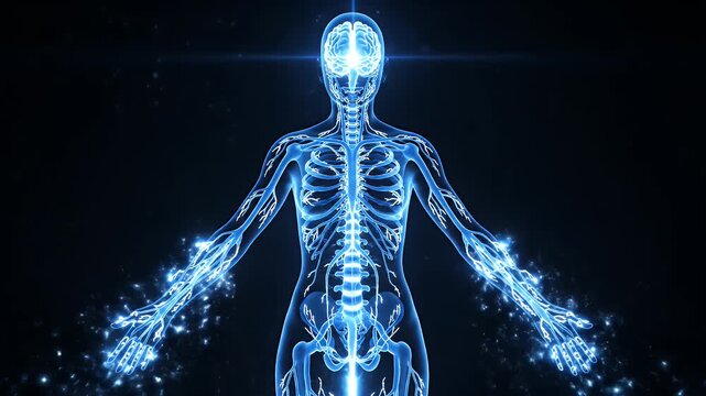 Abstract Blue Digital Human Anatomy Skeleton System and Brain Glowing with Particles on Dark Background Futuristic Sci Fi Medical Concept
