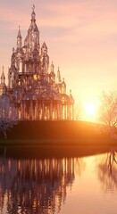 Obraz premium Gothic cathedral by serene lake at sunset.