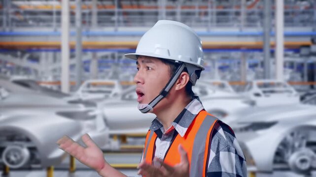 Close Up Side View Of Ondering Asian Male Engineer With Safety Helmet Saying Why Working Doubtfully In Car Manufacturing Assembly Line