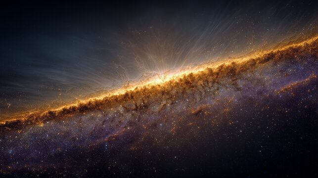 Wide shot of the edge of the universe depicted as a glowing wall of golden cosmic dust and stars receding into an infinite white void