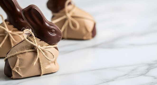 Happy Easter Day! Adorable chocolate bunnies wrapped in brown paper, a festive treat for everyone
