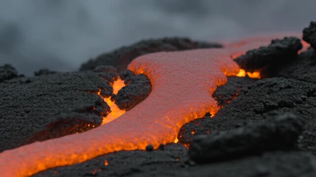 Molten lava slowly flowing across dark volcanic ground with glowing edges and heat shimmer, intense eruption landscape representing geothermal energy, geology study, extreme nature, and natural hazard