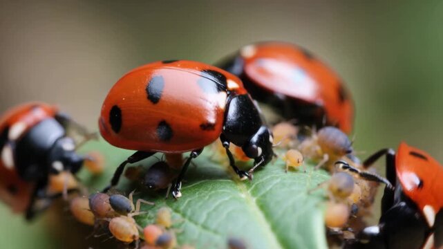 Red ladybird beetles feeding on aphids on a green leaf, close up natural pest control scene in garden agriculture, illustrating ecology balance, organic farming, and biodiversity