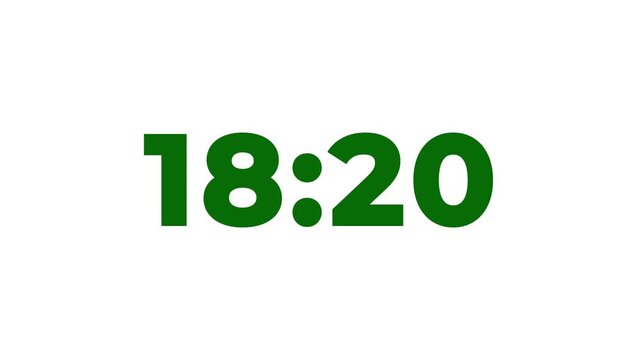 20 minutes Digital countdown. Twenty minute countdown timer animation on white background.
