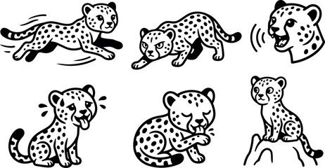Obraz premium Line art playful cheetah cub sticker set showing running stalking grooming sitting curious head and licking poses in vector illustration