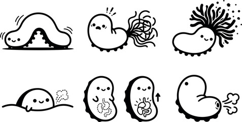Fototapeta premium Whimsical kids doodle close up microbial characters showing cute bacteria actions and digestive process in playful black line art vector icons