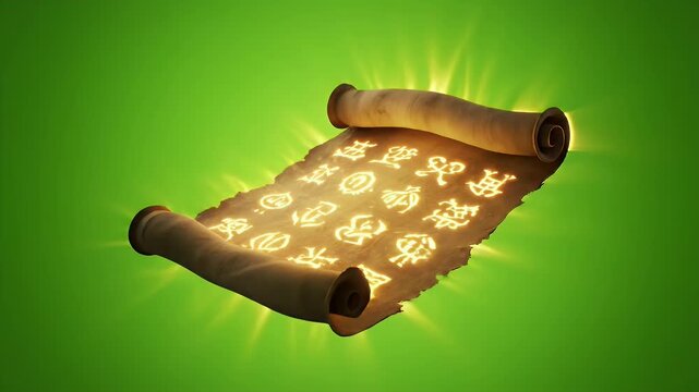 Ancient Glowing Scroll Unrolling With Magical Symbols Illuminated On A Vibrant Green Background In A mystical Fantasy Setting