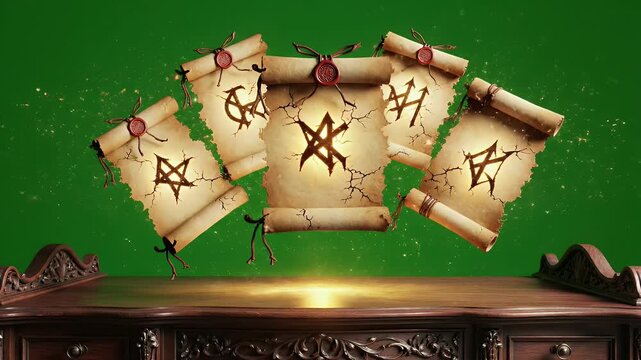 Ancient Magic Scrolls Floating Above Ornate Desk With Glowing Runes Against Green Screen Background Magical Mystical Ancient Lore