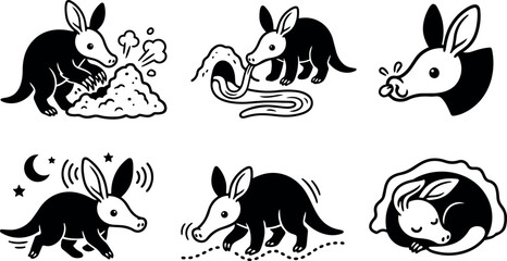 Fototapeta premium Minimalist black and white vector icon set of playful aardvark poses digging sniffing eating walking and sleeping with motion lines
