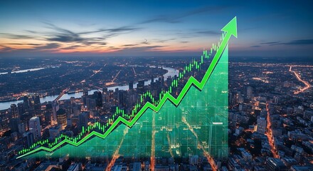 Fototapeta premium City skyline with a superimposed green upward trending graph, symbolizing growth