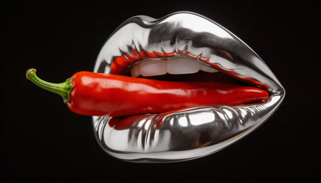 Conceptual art of shiny silver chrome lips holding a bright red chili pepper on a black background