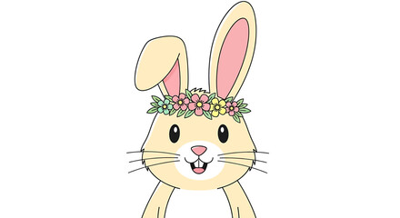 Fototapeta premium Playful Easter rabbit with a floral crown stands centerstage in a pastel illustration, celebrating spring cheer from a minimalist front view.