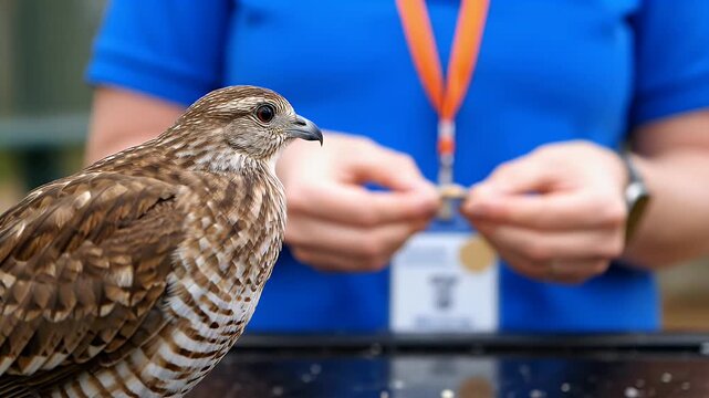 Wild hawk portrait with blurred handler in blue shirt and orange lanyard nearby