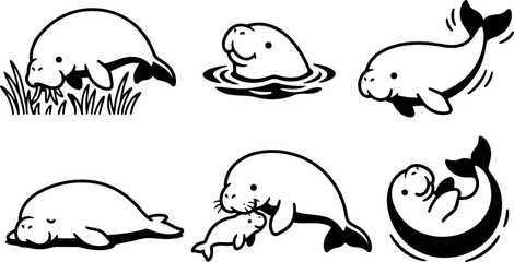 Line art vector manatee family close up showing mother nursing calf playful swimming and resting poses minimalist in black and white