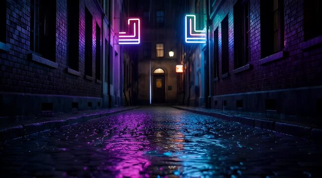 Neon lit rainy street scene with cobblestones in an urban setting