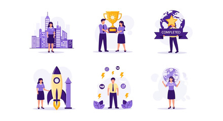Fototapeta premium Six flatstyle illustrations featuring business concepts and people