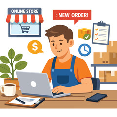 Online store owner managing new orders at desk
