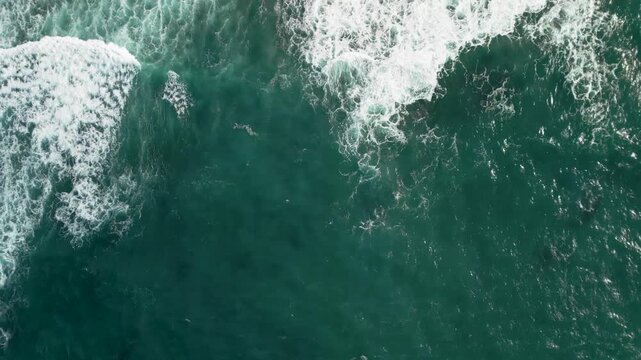 Top down aerial view of blue ocean waves crashing into rocky shore, beautiful white sea foam textures on dark water, Atlantic coast of Spain, 4K drone.