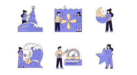Six vector icons illustrating ocean energy concepts including buoys turbines tides and waves © Faisal