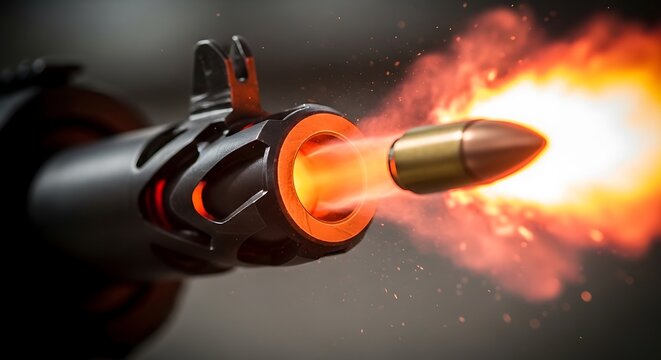 Close-up of a gun barrel firing a bullet with a fiery explosion, motion blur