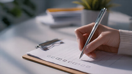 3D illustration close-up businesswoman hand writing on checklist paper, productivity planning concept, office workspace elements