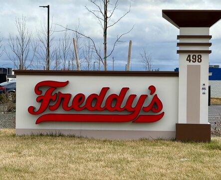 Post Falls, ID - USA - March 7, 2026 - Exterior sign at Freddy's Frozen Custard & Steakburgers. 