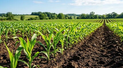 Fototapeta premium Young Cornfield with Furrows and Trees.
