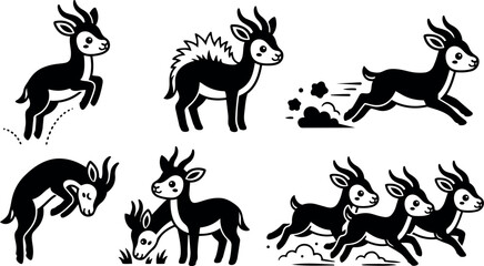 Naklejka premium Flat design playful antelope and gazelle kids set showing jumping running grazing and leaping poses in bold black vector art