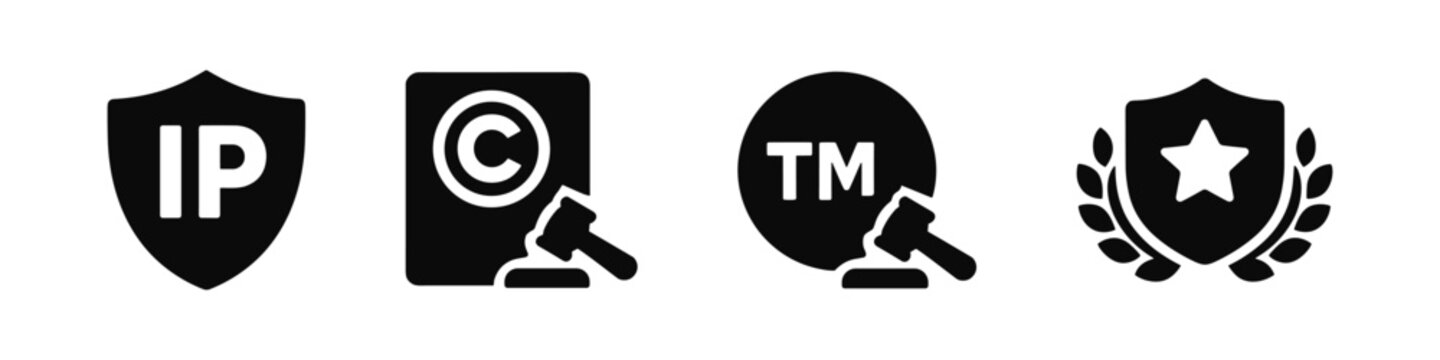 Intellectual property and trademark protection icon set solid black icon set vector illustration