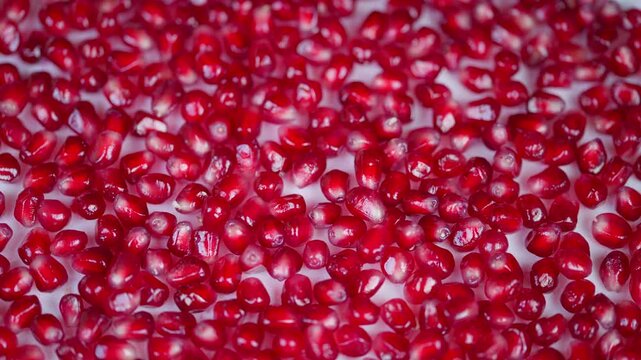 Bright red seeds in detailed focus. Close imaging of sparkling pomegranate seeds under soft lighting. Intimate view of glossy ruby pomegranate seeds densely filling scene