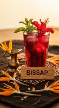 Gourmet Hibiscus Bissap: Ruby Red African Drink with Mint and Ice on Mud-Cloth with Heritage Accents